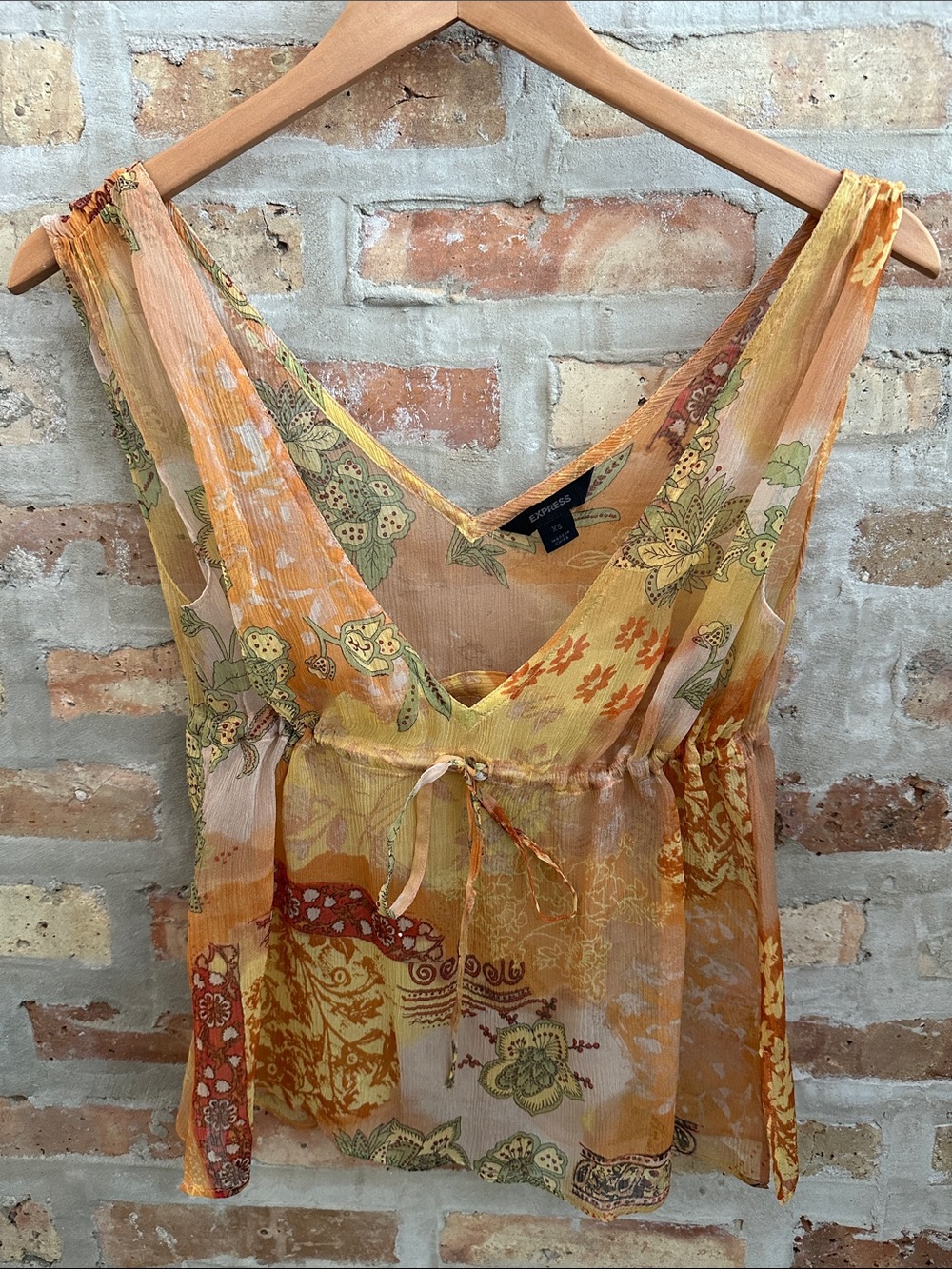 Express Sheer Floral Tie-Front Tank Top - Yellow Orange Green
